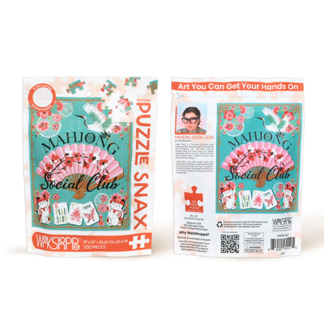 Two packages of 'Puzzle Snax' by Wipeout Wipes, featuring 'Mahjong Social Club' design.