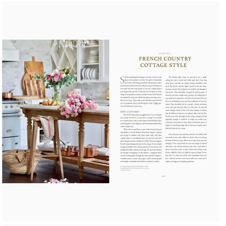 Kitchen interior with wooden table and flowers, text on French country cottage style.