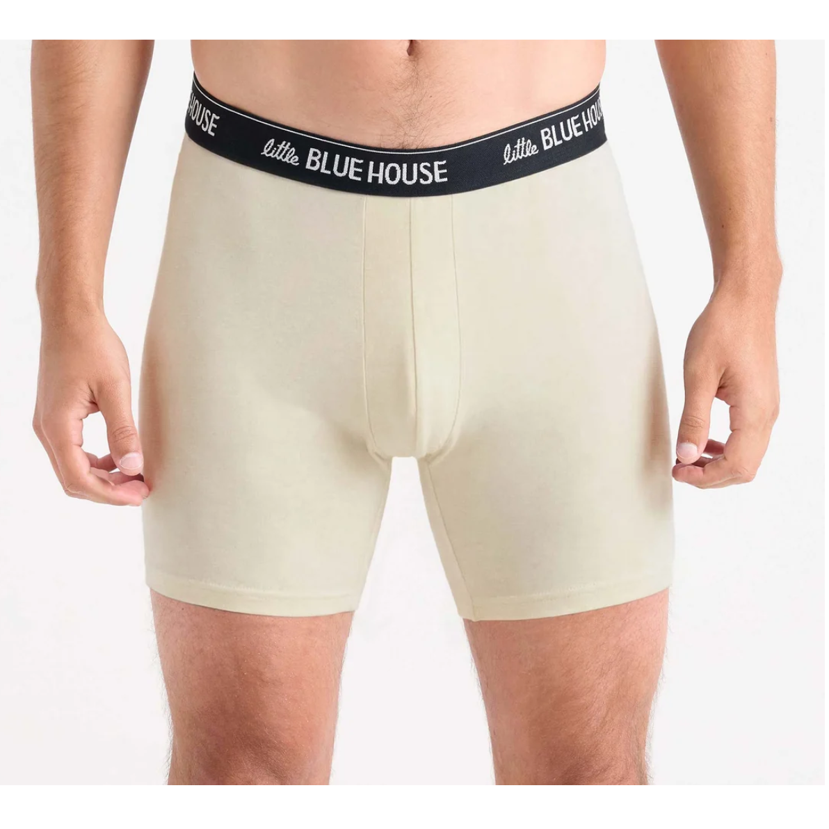 A man wearing light beige boxer briefs with a black elastic waistband printed with the brand name 'Little Blue House'.