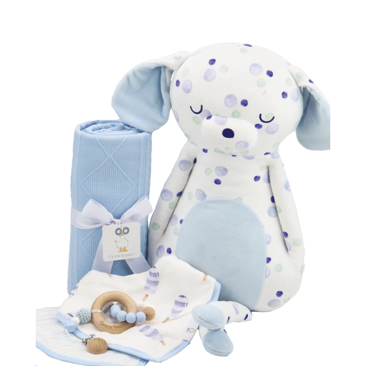 Baby gift set with plush toy, blanket, and teething ring on a white background