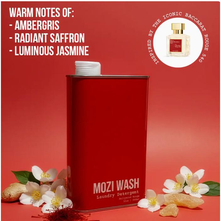 Red laundry detergent container with flowers and text on a red background