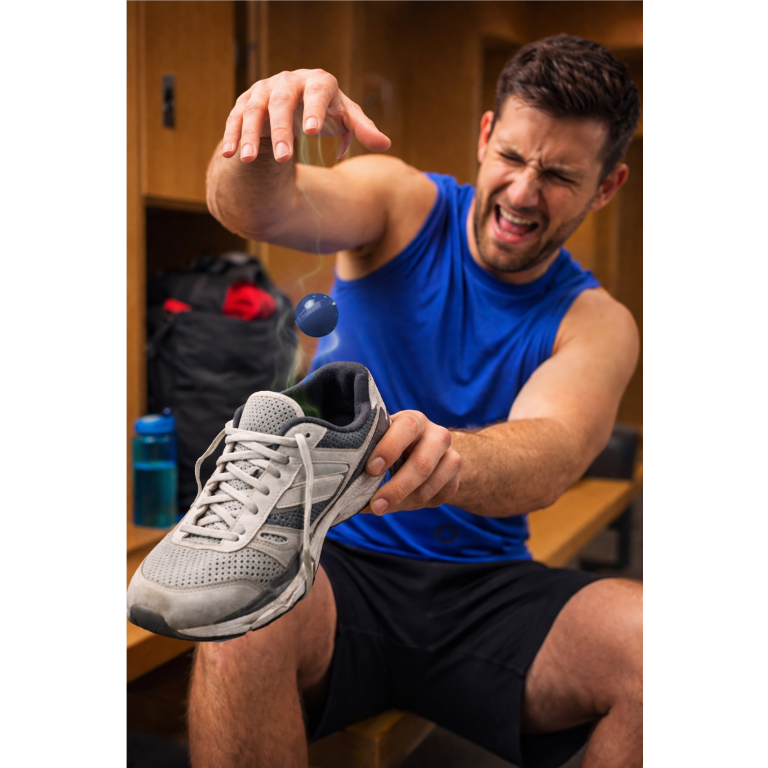 A man in a blue athletic tank top and black shorts holds up a gray and white running shoe in a locker room setting, with a small blue object floating near his hand.