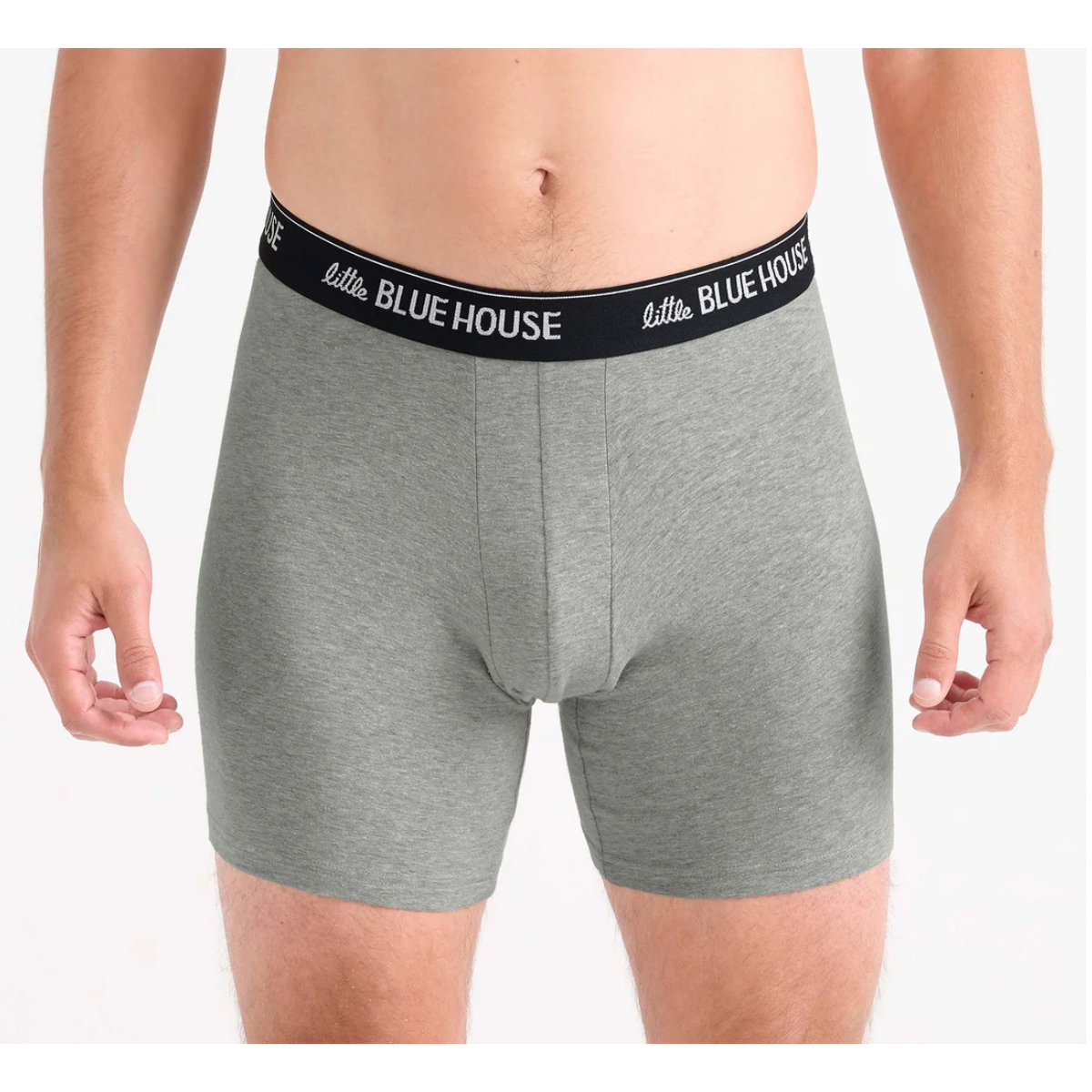 A man wearing light heather gray boxer briefs with a black elastic waistband featuring the white 'Little Blue House' logo, shown from the waist down on a plain white background.