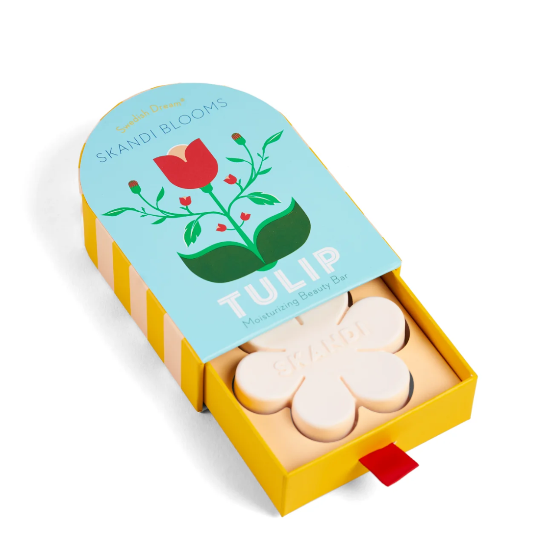 Skandi Blooms tulip-themed product packaging with candles inside on a white background