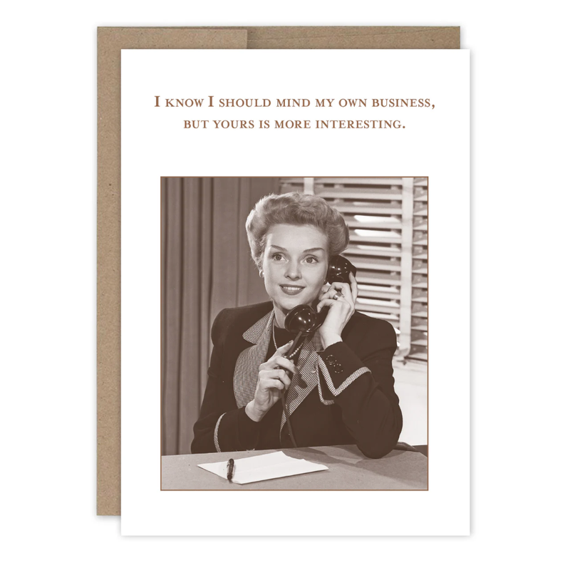Vintage-style card with a woman on the phone and humorous text.