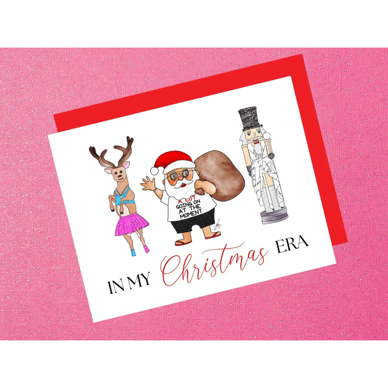 Christmas-themed card with cartoon characters on a pink background