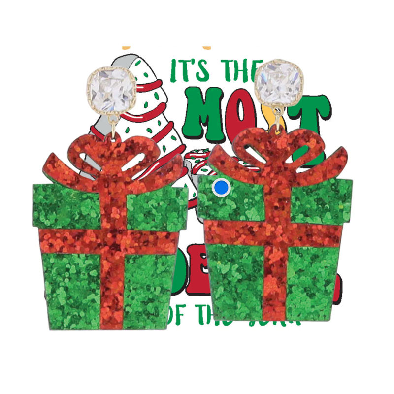 Christmas-themed earrings with green and red gift boxes and a candy cane, on a white background.