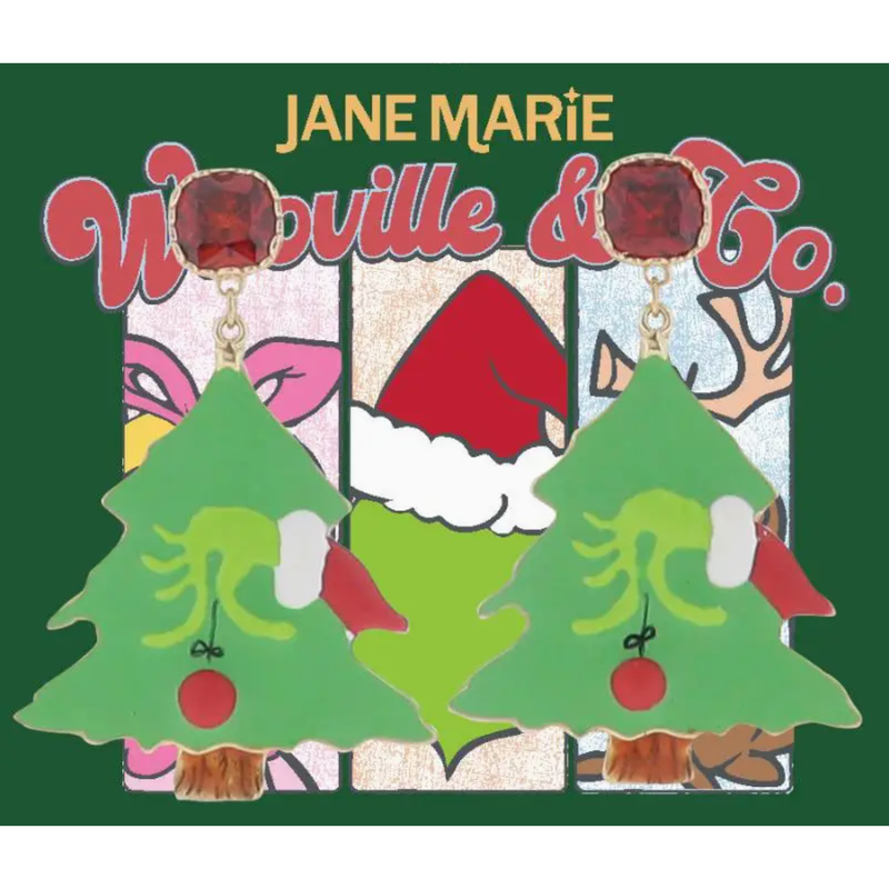 Green Christmas tree earrings with red balls on a green background with 'Jane Marie Wooville & Co.' branding.
