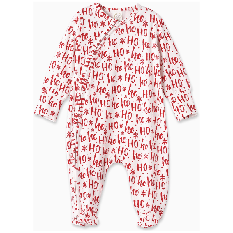 Baby onesie with 'HO HO HO' pattern on a white background