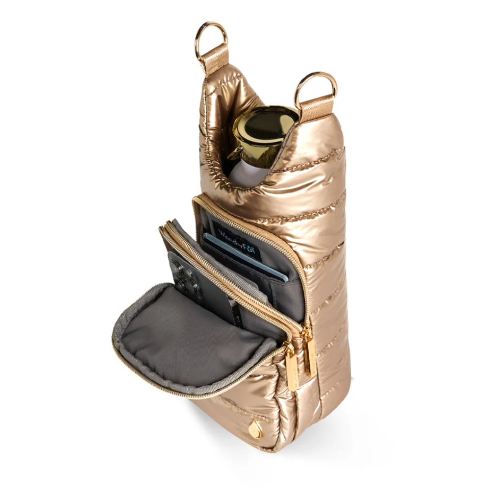 Gold insulated wine bottle holder with a phone pocket on a white background
