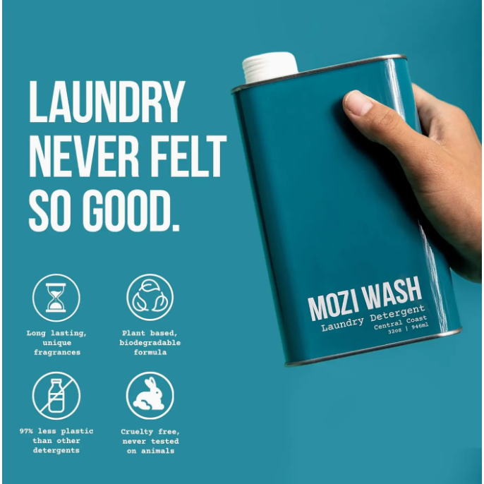 Blue MOZI WASH laundry detergent bottle with sandalwood, citrus, and lavender text on a white background.