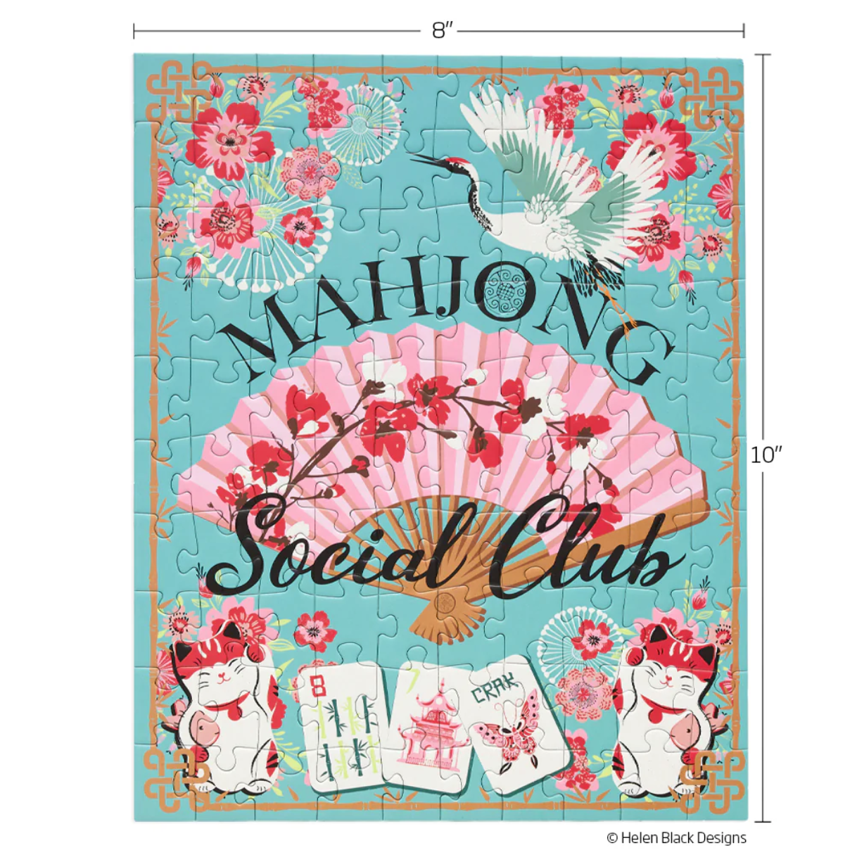 Jigsaw puzzle packaging for 'Mahjong Social Club' with decorative elements and text.