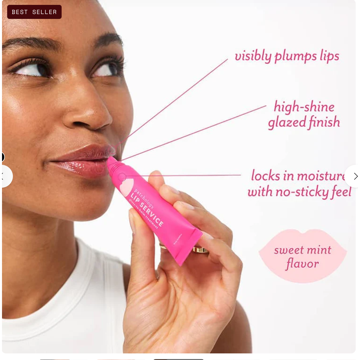 Woman applying pink lip balm with product features highlighted