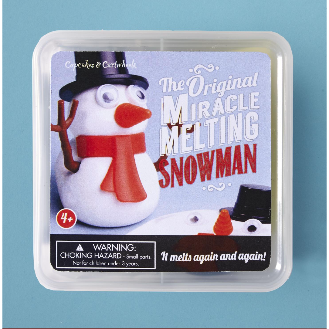 Packaging of the Original Miracle Melting Snowman toy with a blue background