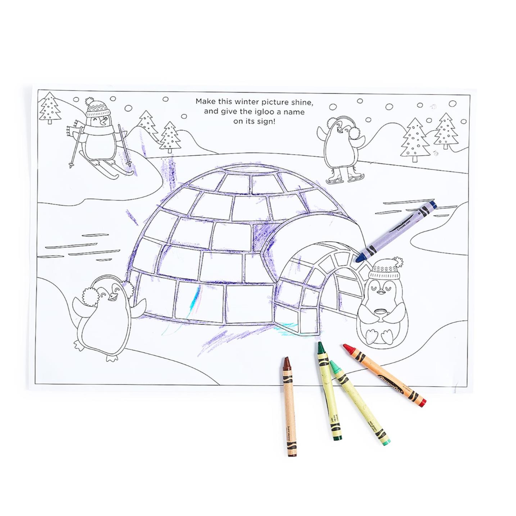 


Coloring page with an igloo and winter elements, featuring crayons on a white background.