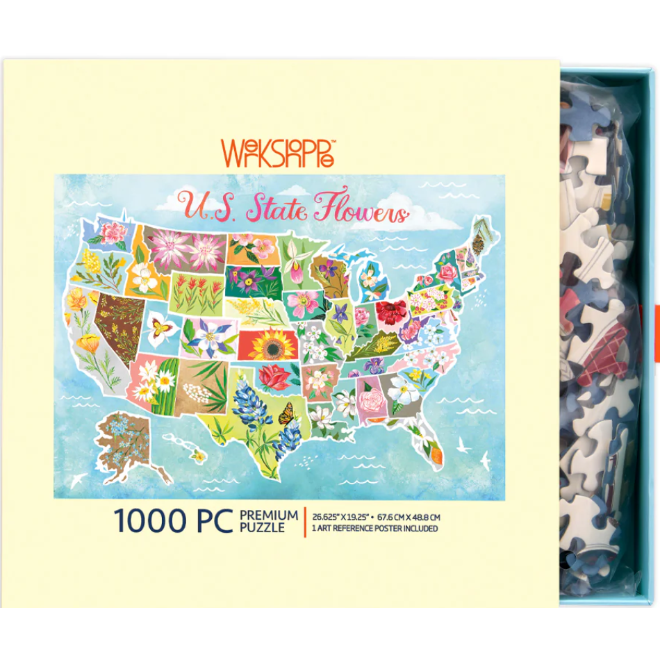 WaksRip's U.S. State Flowers puzzle packaging with a map design on a light blue background.