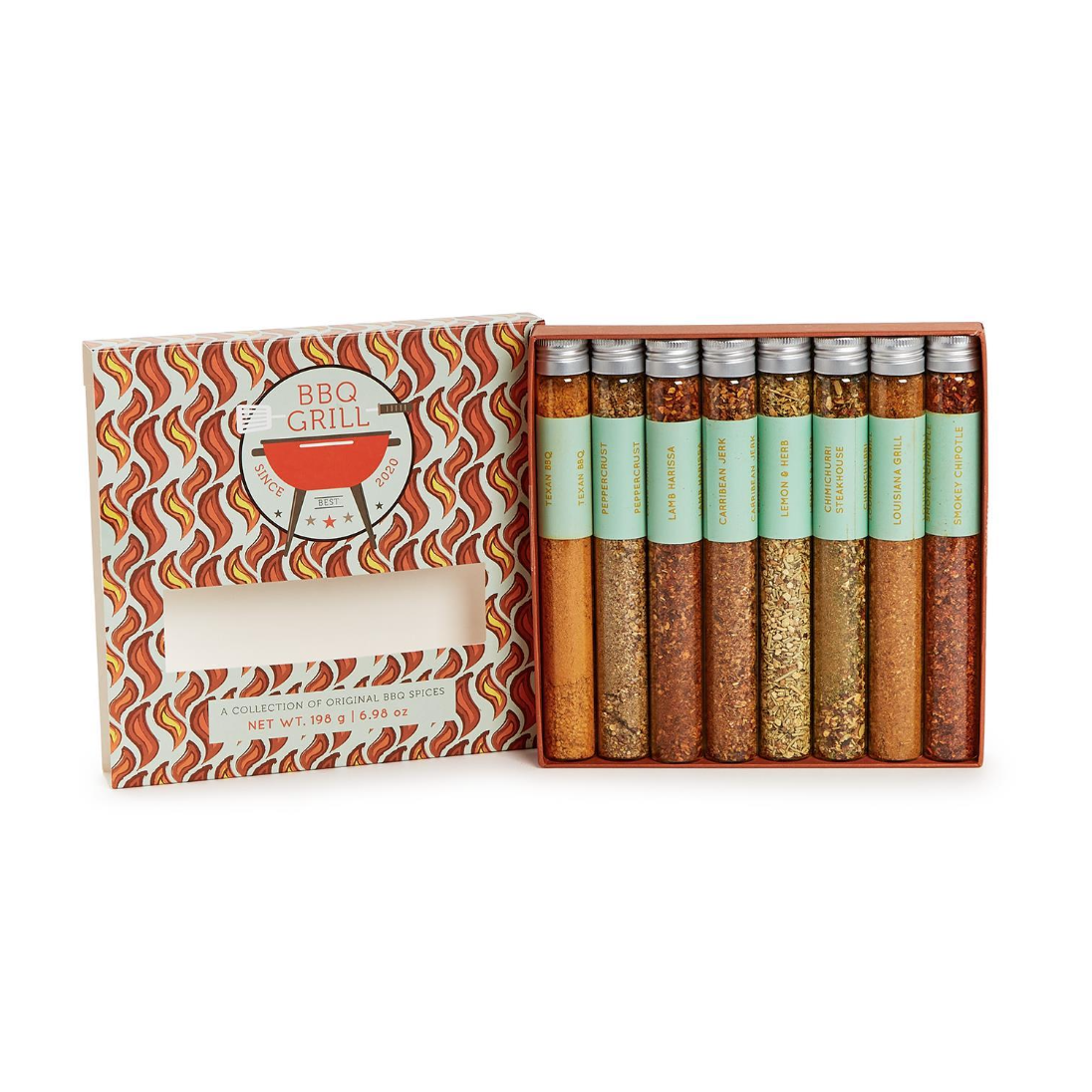 BBQ Grill seasoning set in a gift box, featuring six spice vials with mint green labels and silver caps next to the patterned outer box.