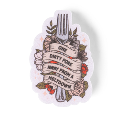 Sticker with a fork, flowers, and text on a white background