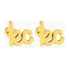 Gold earrings with 'kcc' lettering on a white background