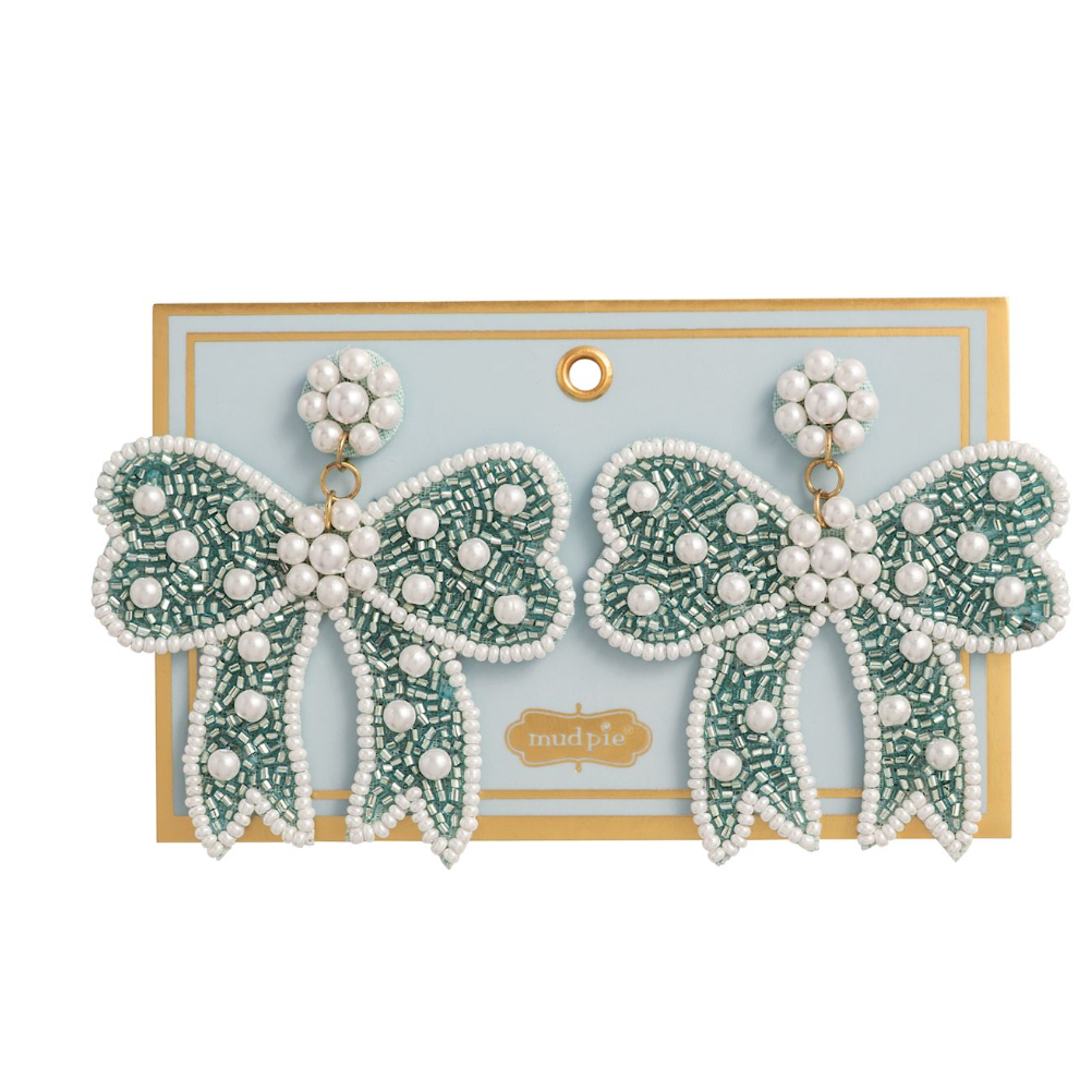 Blue Bow Beaded Earrings