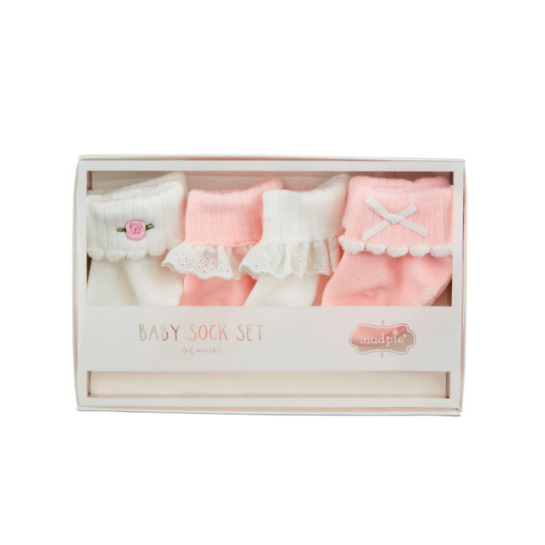 Baby sock set in a box with pink and white socks on a white background