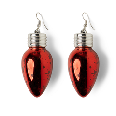 Red teardrop-shaped earrings with silver accents on a white background