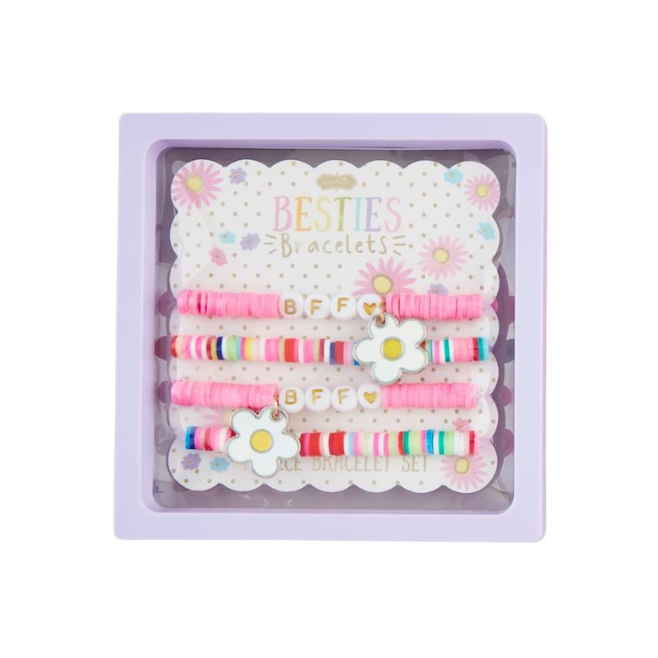 Set of colorful bracelets with floral designs in a decorative box