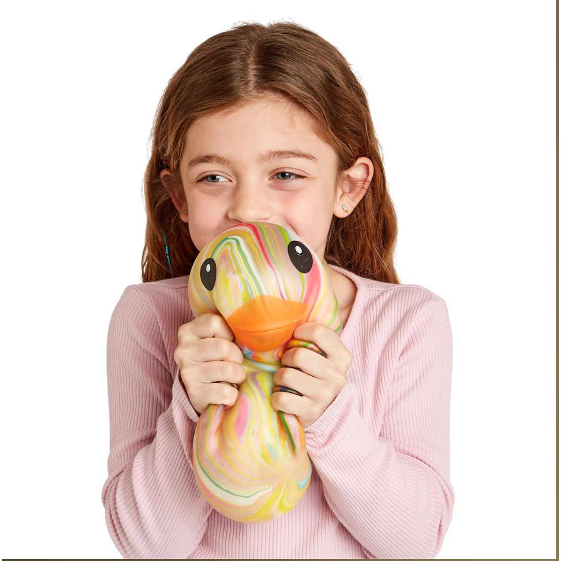 Child holding a colorful snake-shaped toy against a white background