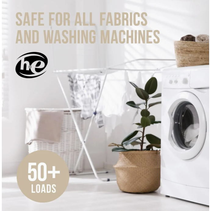 Hand holding a beige container labeled 'MOZI WASH' with text about laundry detergent on a beige background.