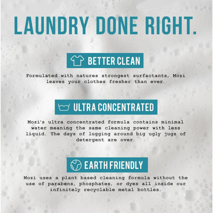 Advertisement for Mozi laundry detergent highlighting 'Laundry Done Right' with text about cleaning power, concentration, and eco-friendliness.