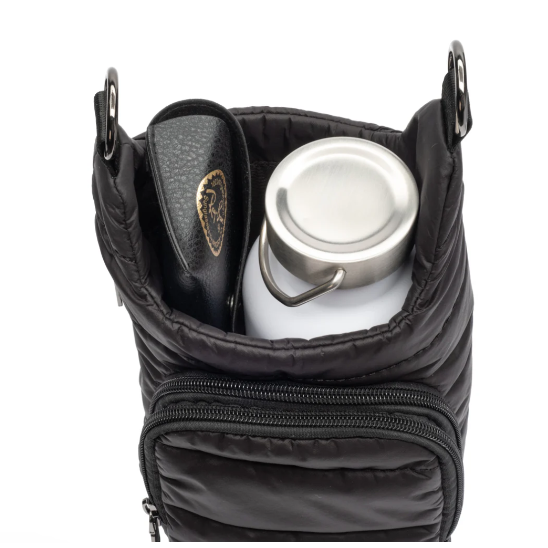 Black pouch with a silver water bottle and black case on a white background