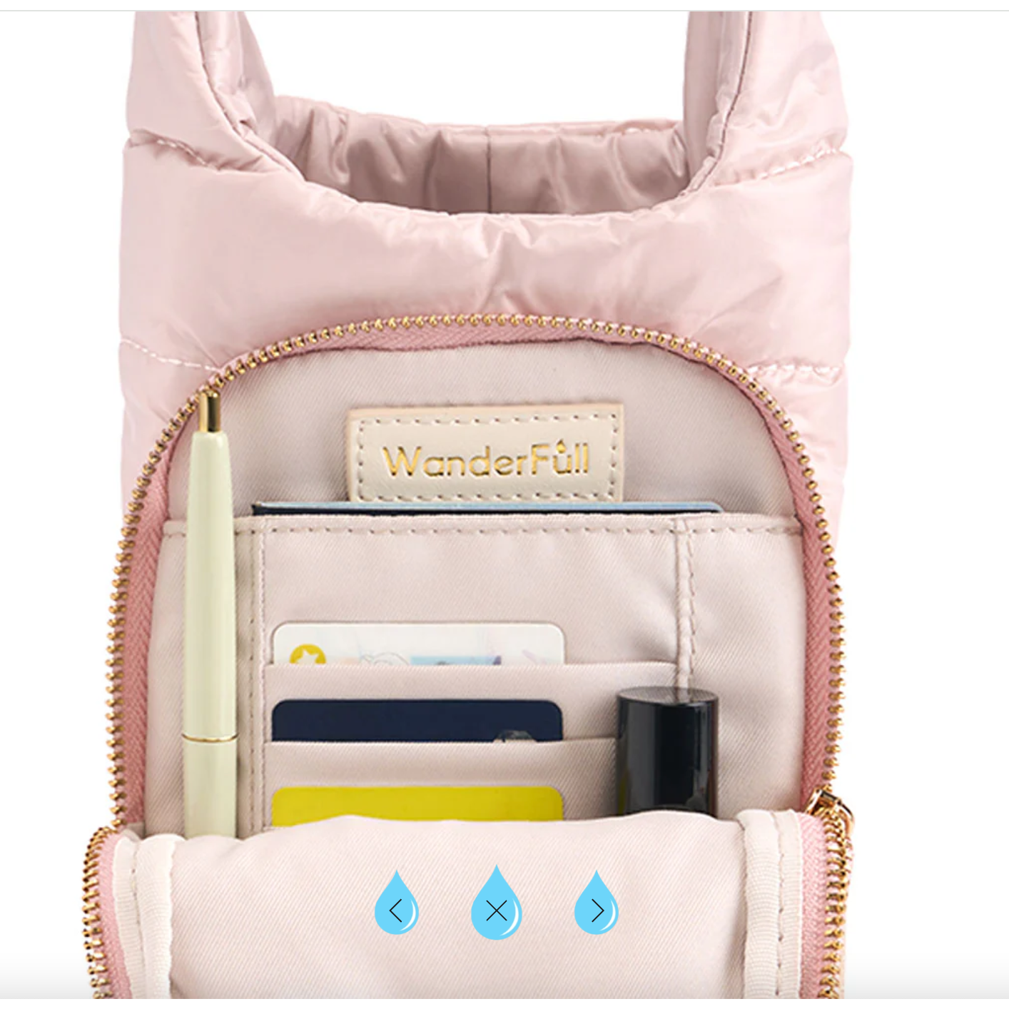 


Pink pouch with compartments and a visible 'WanderFull' brand label.