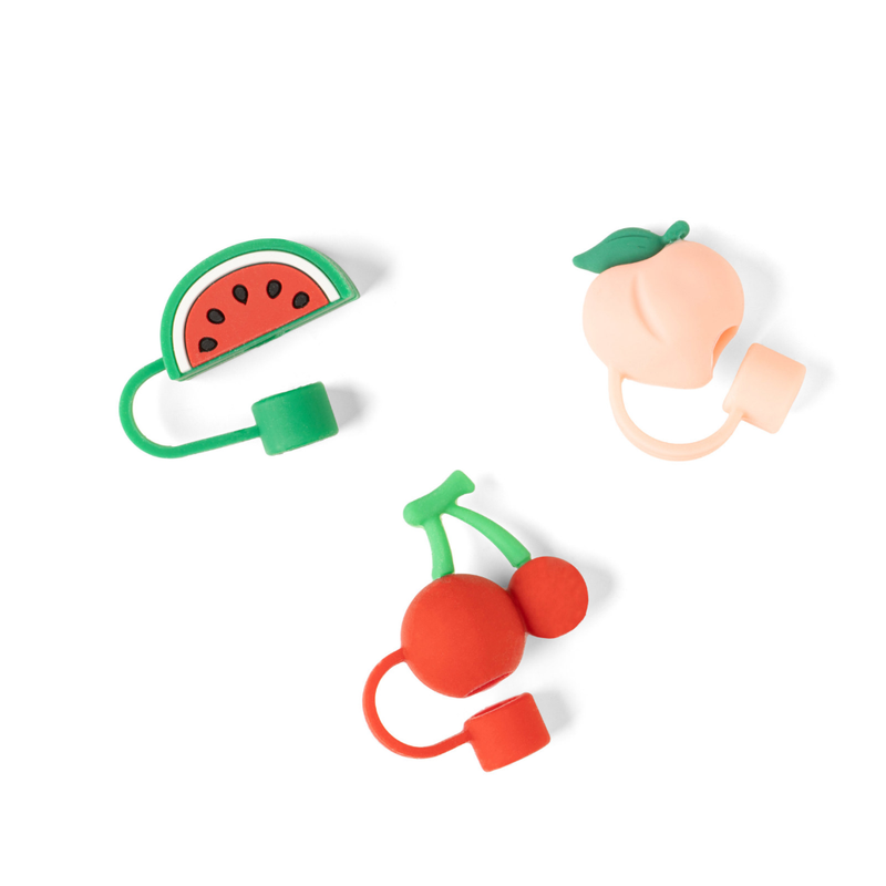 Three fruit-shaped earbud tips on a white background