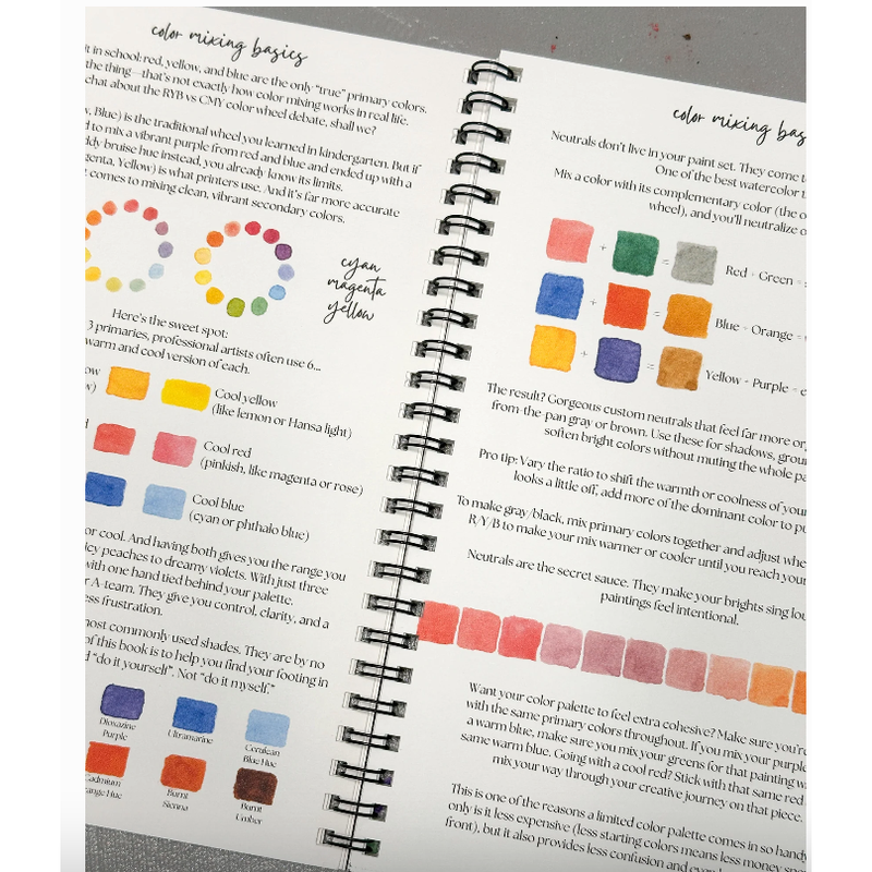 Open book with color mixing chart and text on a white background