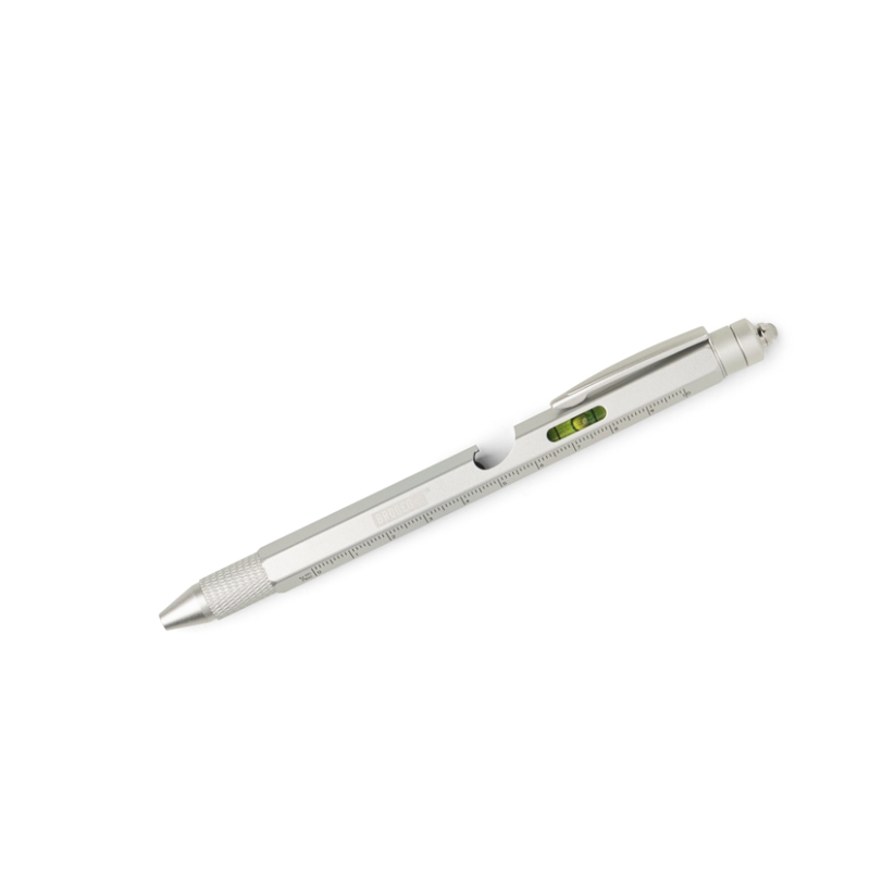 Silver pen with a small green light on a white background