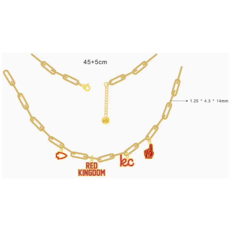 Gold chain necklace with measurements and brand names on a white background