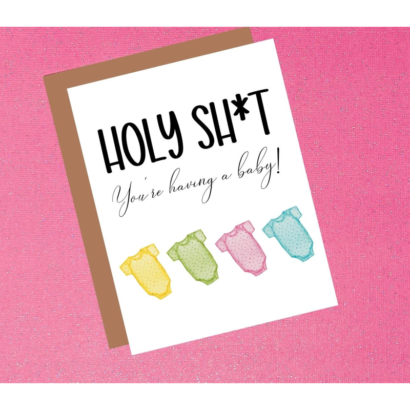 Greeting card with colorful baby outfits and text on a pink background