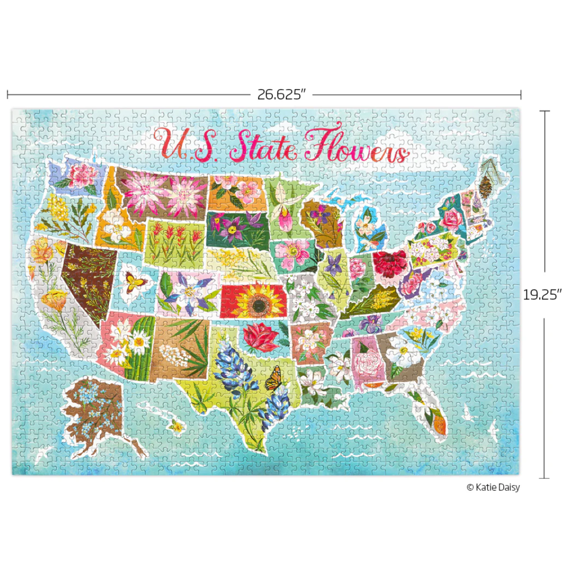 Map of the United States with flowers in each state, labeled 'U.S. State Flowers', on a blue background.