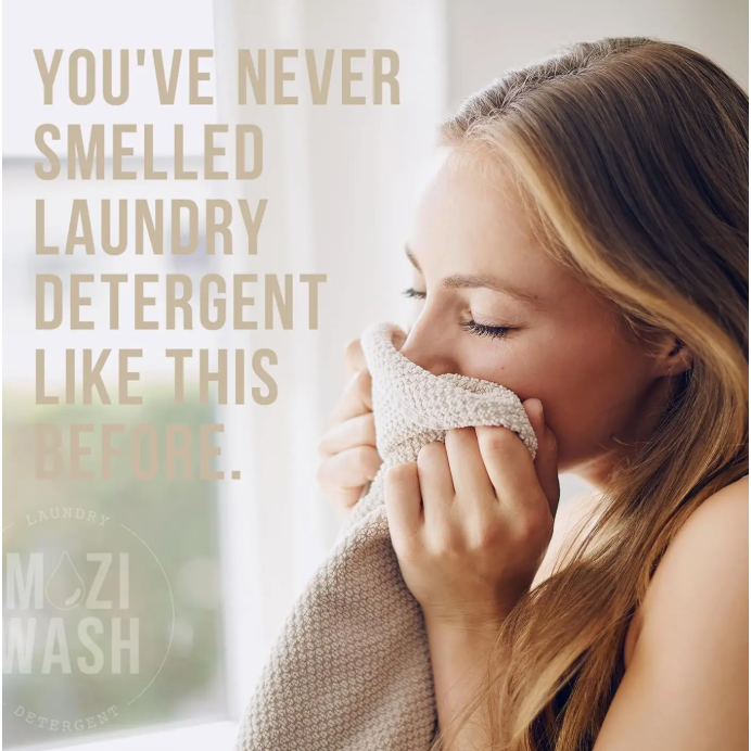 Woman holding a towel with text about laundry detergent and Mozi Wash brand.