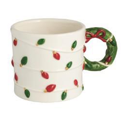 Decorative mug with Christmas light pattern on a white background