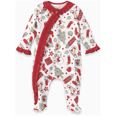 Baby onesie with Christmas-themed pattern on a white background