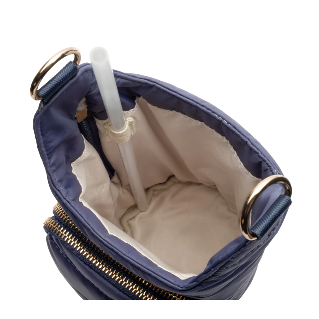 Navy blue handbag with beige interior and gold zipper and handles on a white background