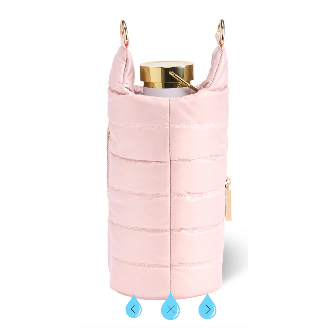 Pink insulated bottle holder with gold accents on a white background