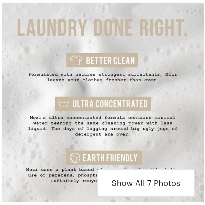 Advertisement for laundry detergent with text about cleaning power, concentration, and eco-friendliness on a textured background.