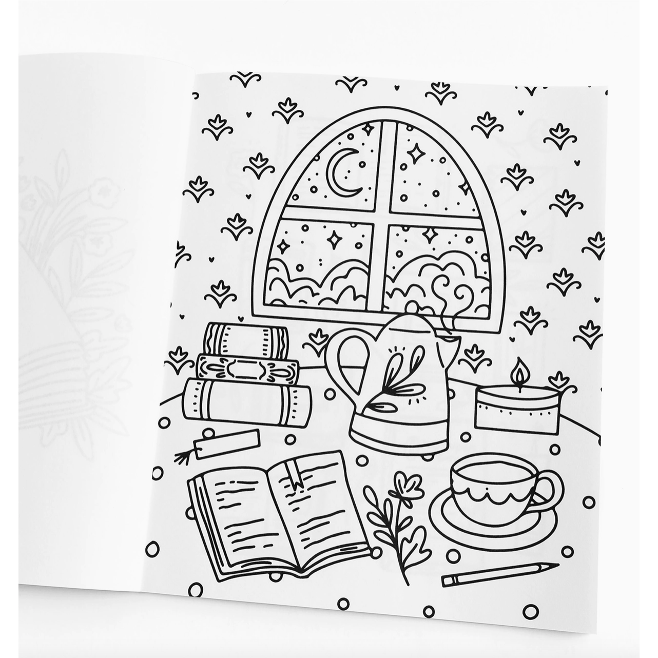 Black and white illustration of books, a teapot, cup, candle, and pen with decorative window and patterns on a white background.