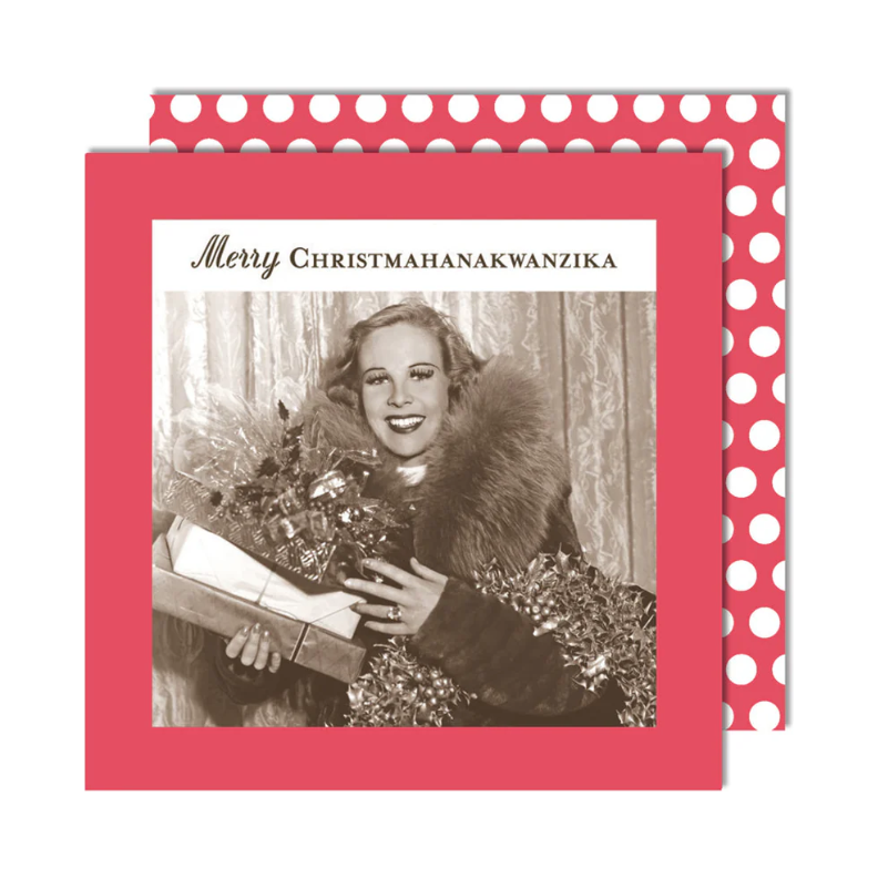 Vintage-style Christmas card with a woman holding gifts and text 'Merry Christmahanakwanzika' on a polka dot border.