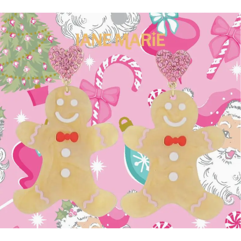 Cream, Pink, Red, White Acrylic Gingerbread Man Earrings