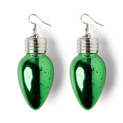 Green light bulb-shaped earrings on a white background