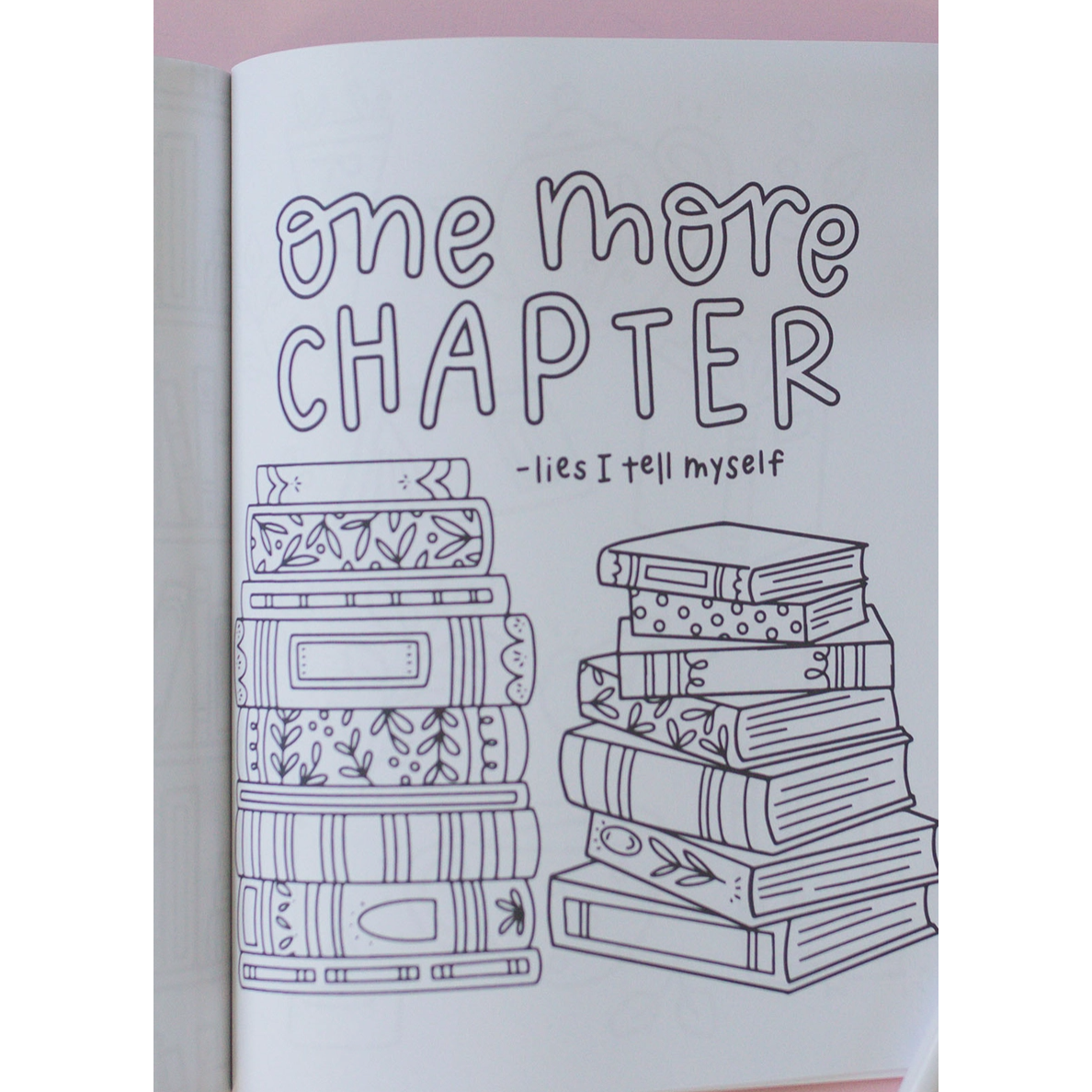 Illustration of books with 'one more chapter' text on a pink background