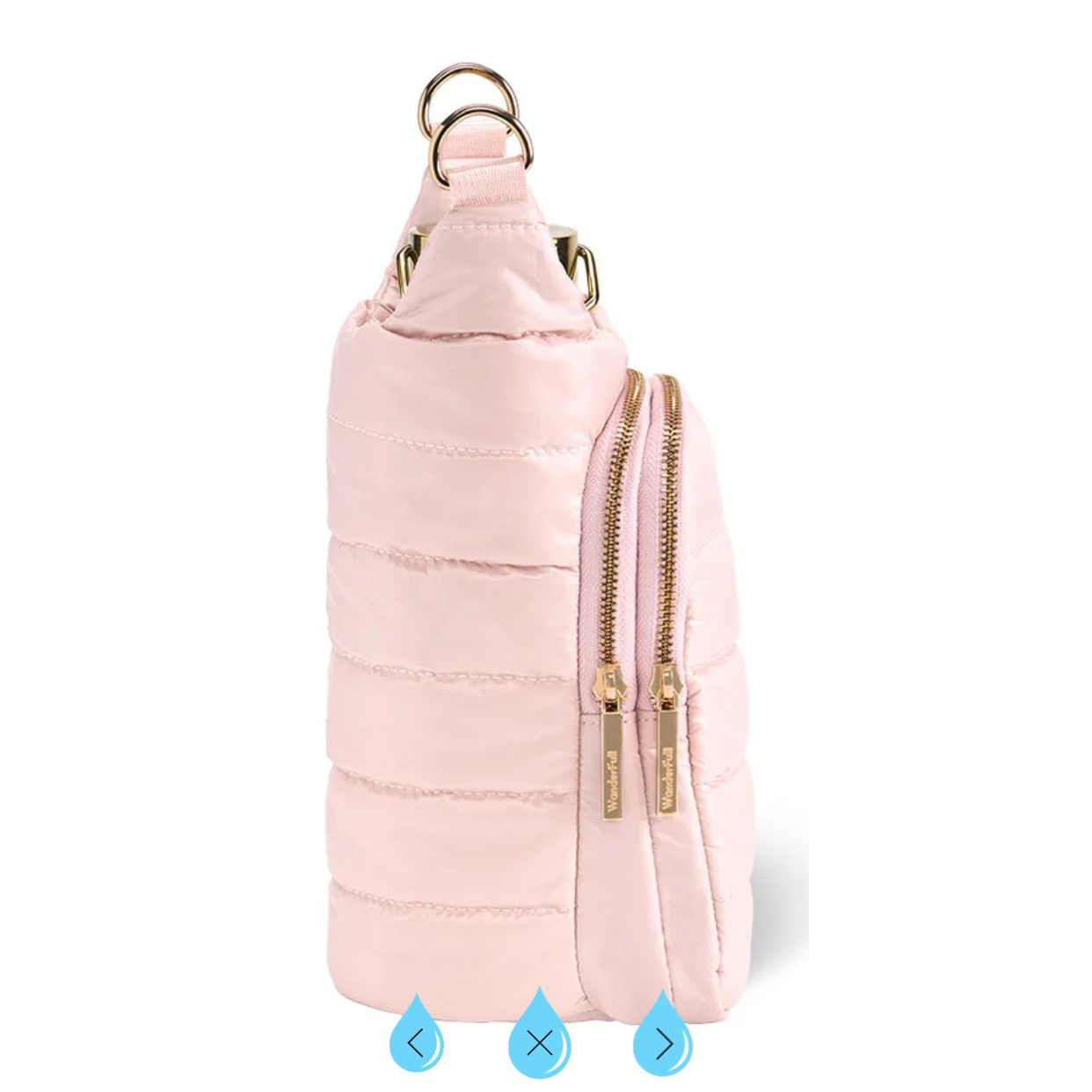Pink water bottle holder with gold zippers on a white background